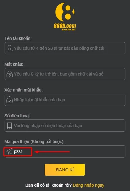 code 888b sẽ tự động điền vào khi bạn đăng ký qua link của 88b.homes