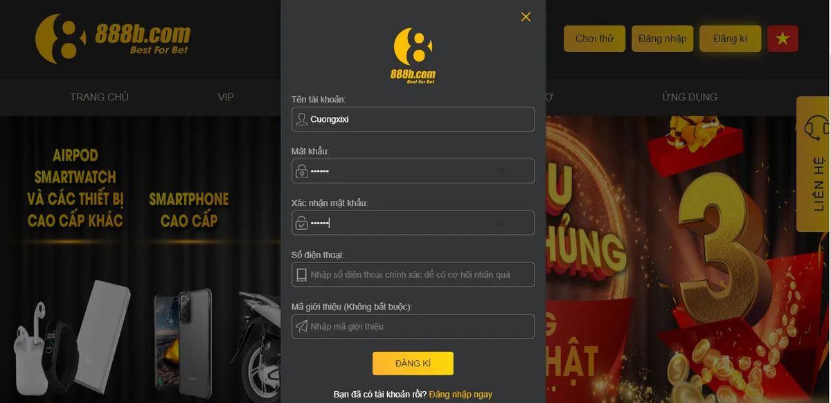 Đăng kí tài khoản game tại nhà cái 888b